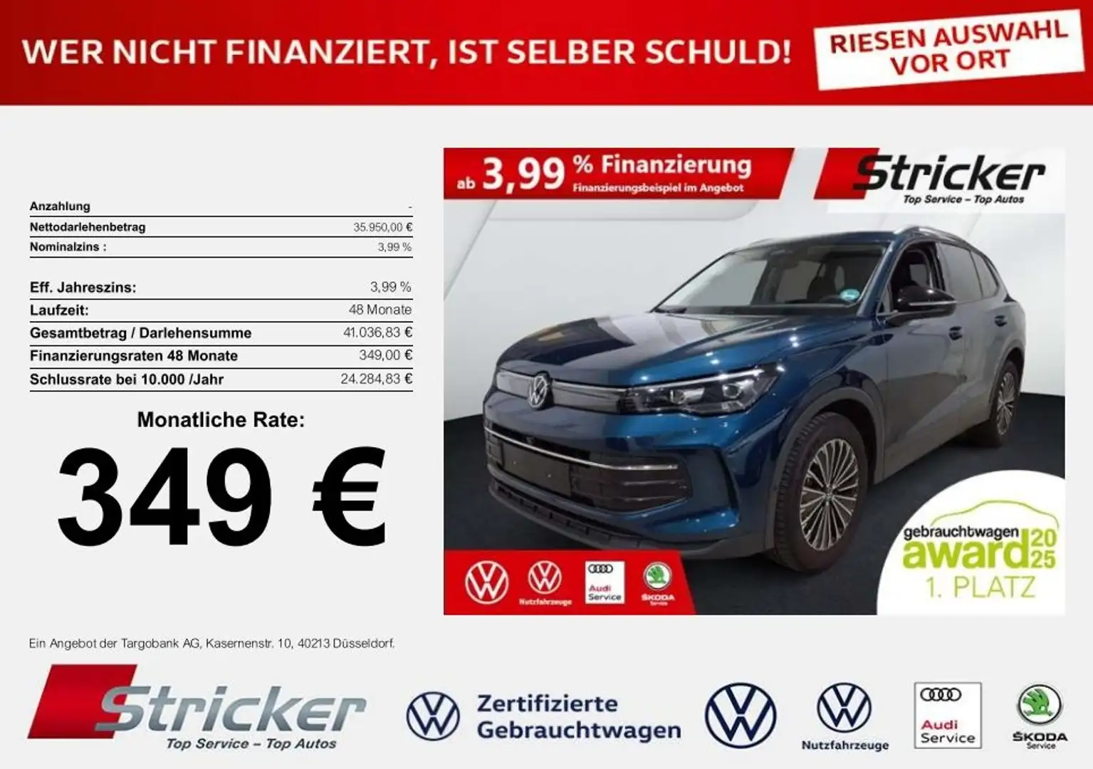 Volkswagen Tiguan Goal 2.0TDI DSG 349,-ohne Anzahlung Navi AHK Kame Blau - 1