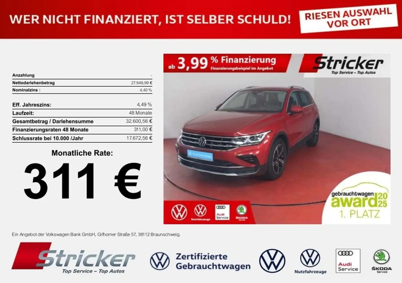 Volkswagen Tiguan Elegance 1.4TSI e-Hybrid 311,-ohne Anzahlung AHK Rot - 1