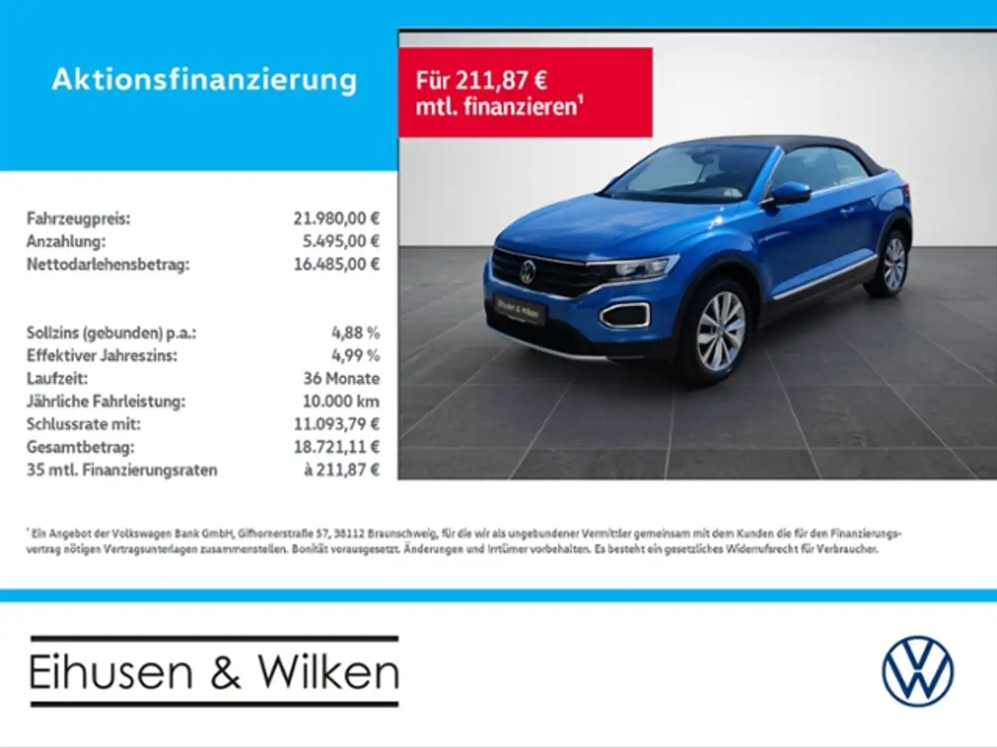 Volkswagen T-Roc Cabriolet 1.0+TSI+STYLE+LED+AHK+SHZ+ACC+ Blau - 1