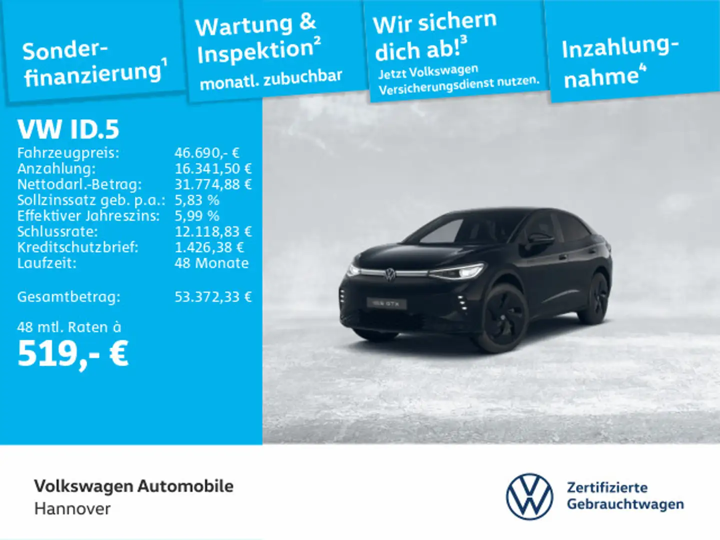 Volkswagen ID.5 GTX AHK IQ.LIGHT Navi Pano PDC SHZ Schwarz - 1