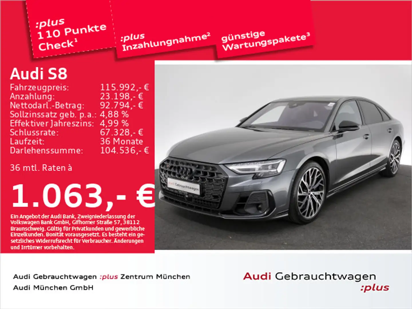 Audi S8 TFSI tiptr. Pano/B&O/AHK/HuD/HD-Matrix/Virtua Grijs - 1