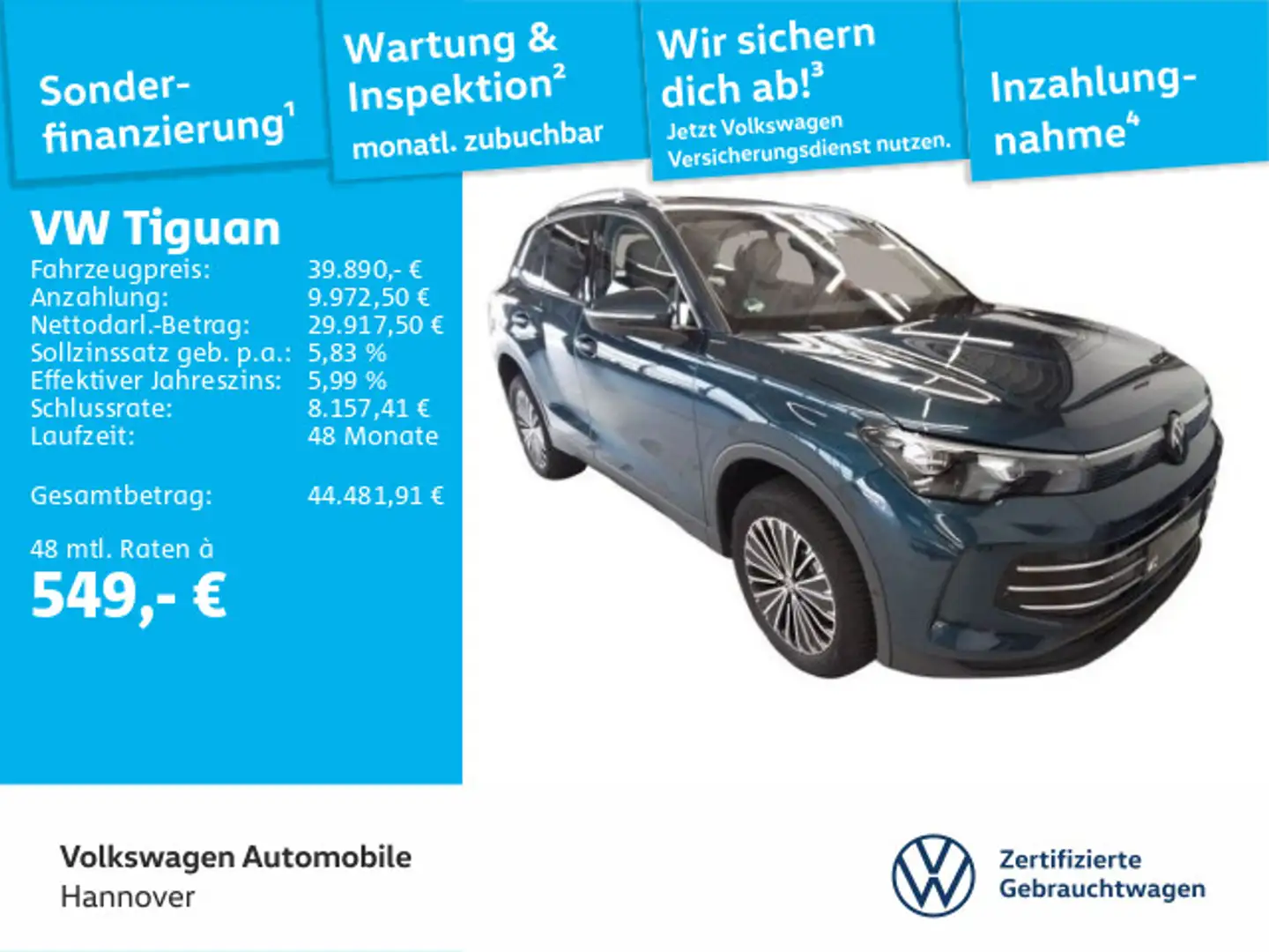 Volkswagen Tiguan 2.0 TDI DSG Elegance Navi Pano AHK LED Di Blau - 1