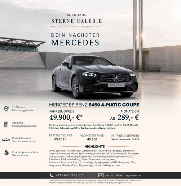 Mercedes-Benz E 450 AMG-LINE/DISTRO+/MEMORY/360°/KEYLESSGO/ICC