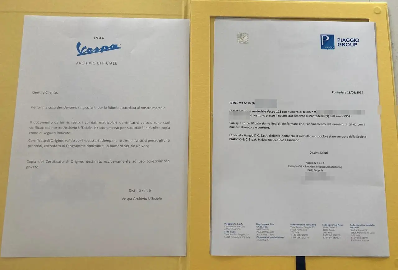 Piaggio Vespa 125 Faro Basso 1952 Certificato di Origine Piaggio Umbria, foto 7