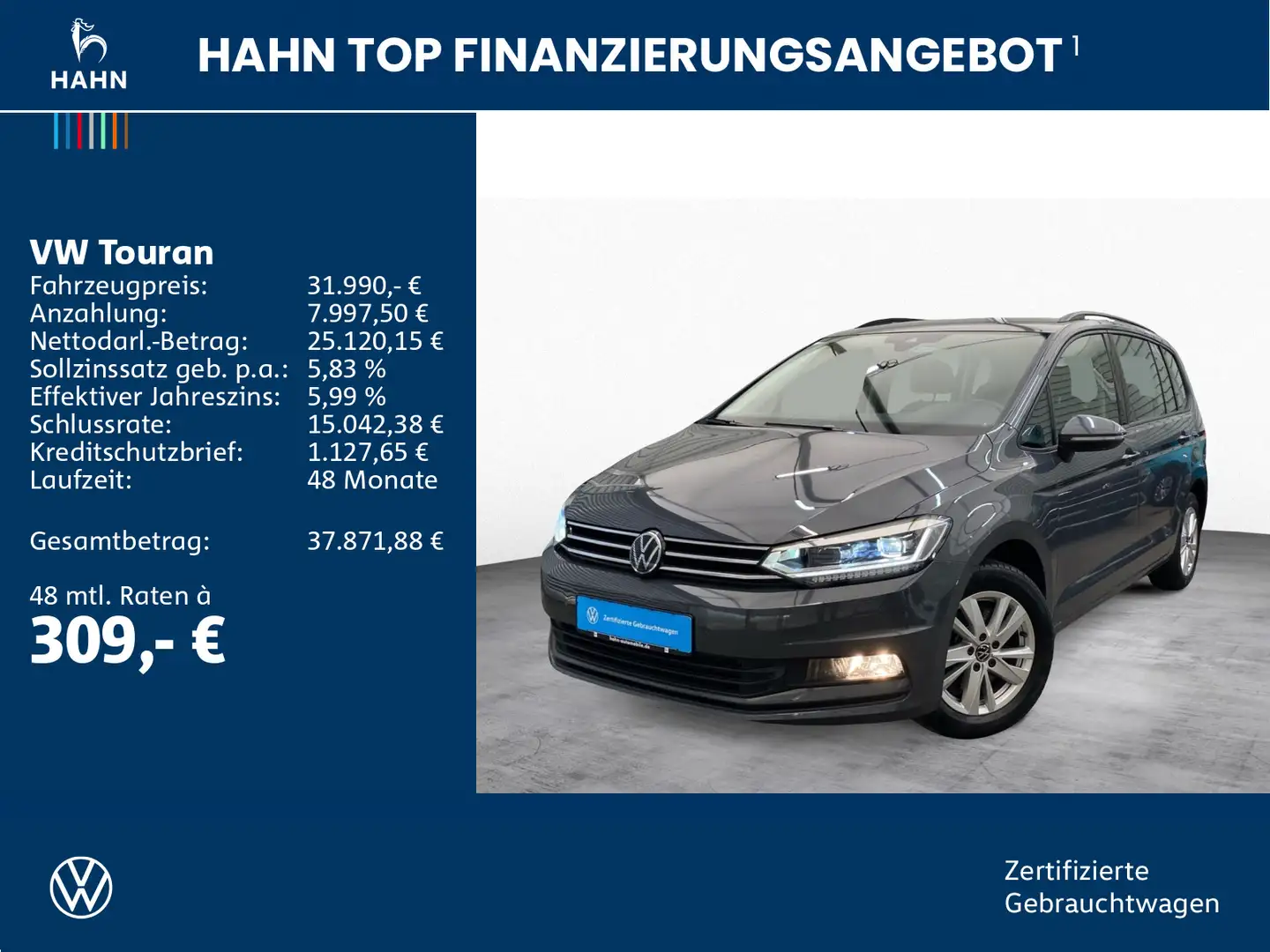 Volkswagen Touran 1.5TSI DSG Comfortline 7-Sitzer AHK Navi Grau - 2