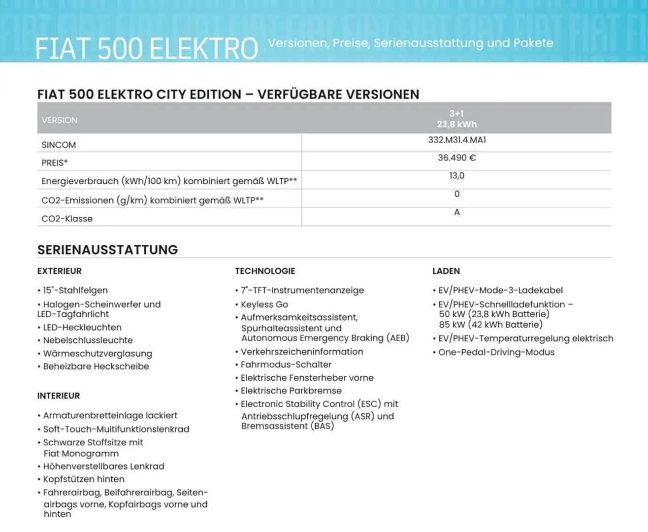 Fiat 500e 3+1 City Edition 70KW (95PS) 23,8KwH *Standort 238 Weiß - 2