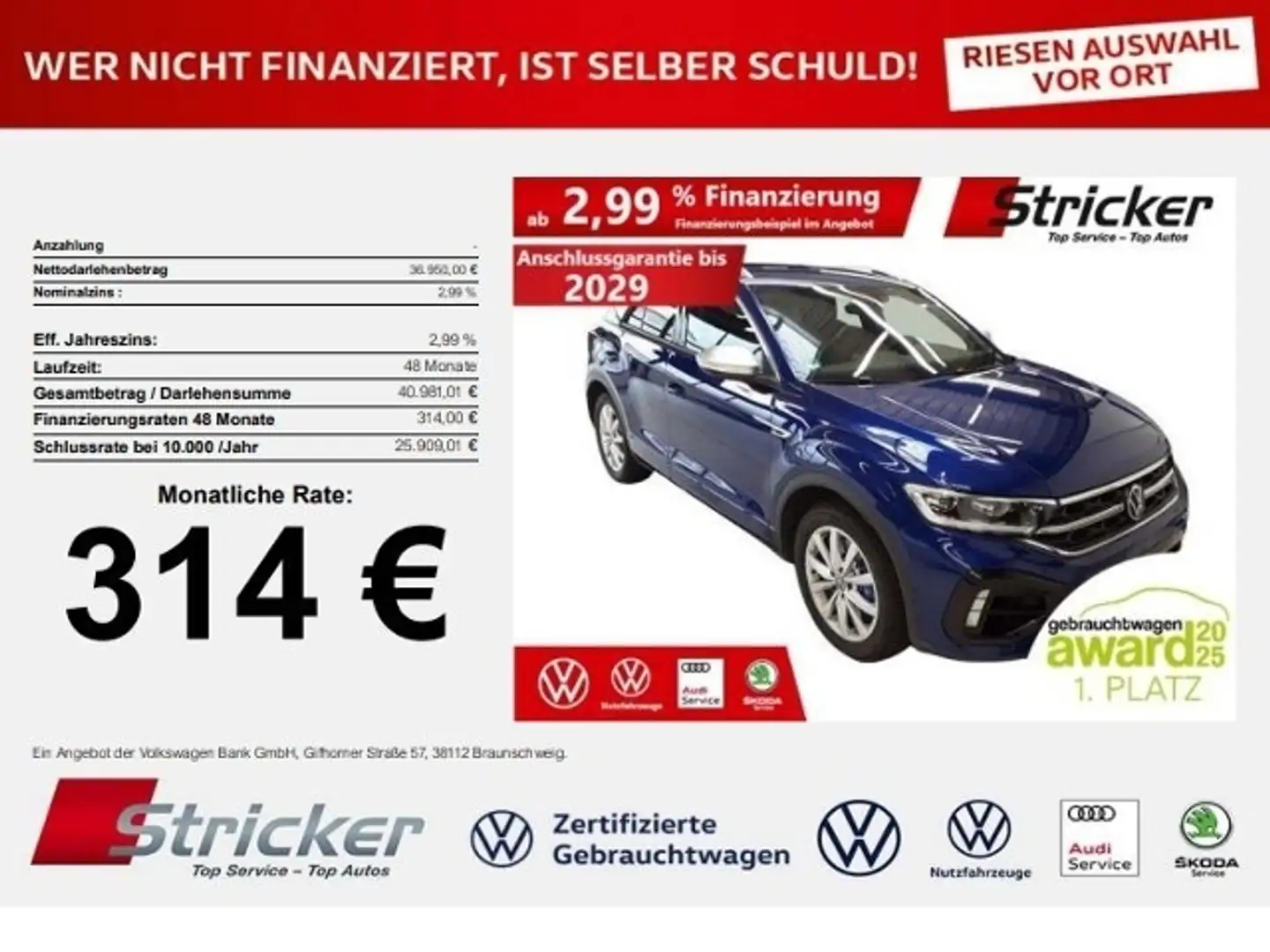 Volkswagen T-Roc R 2.0TSI DSG 314,-ohne Anzahlung Navi Kamera IQ.L Blau - 1