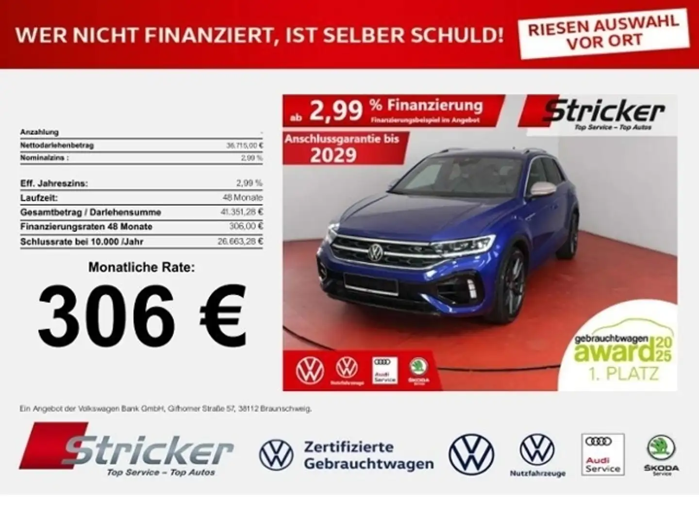 Volkswagen T-Roc R 2.0TSI DSG 306,-ohne Anzahlung Navi Kamera IQ.L Blau - 1