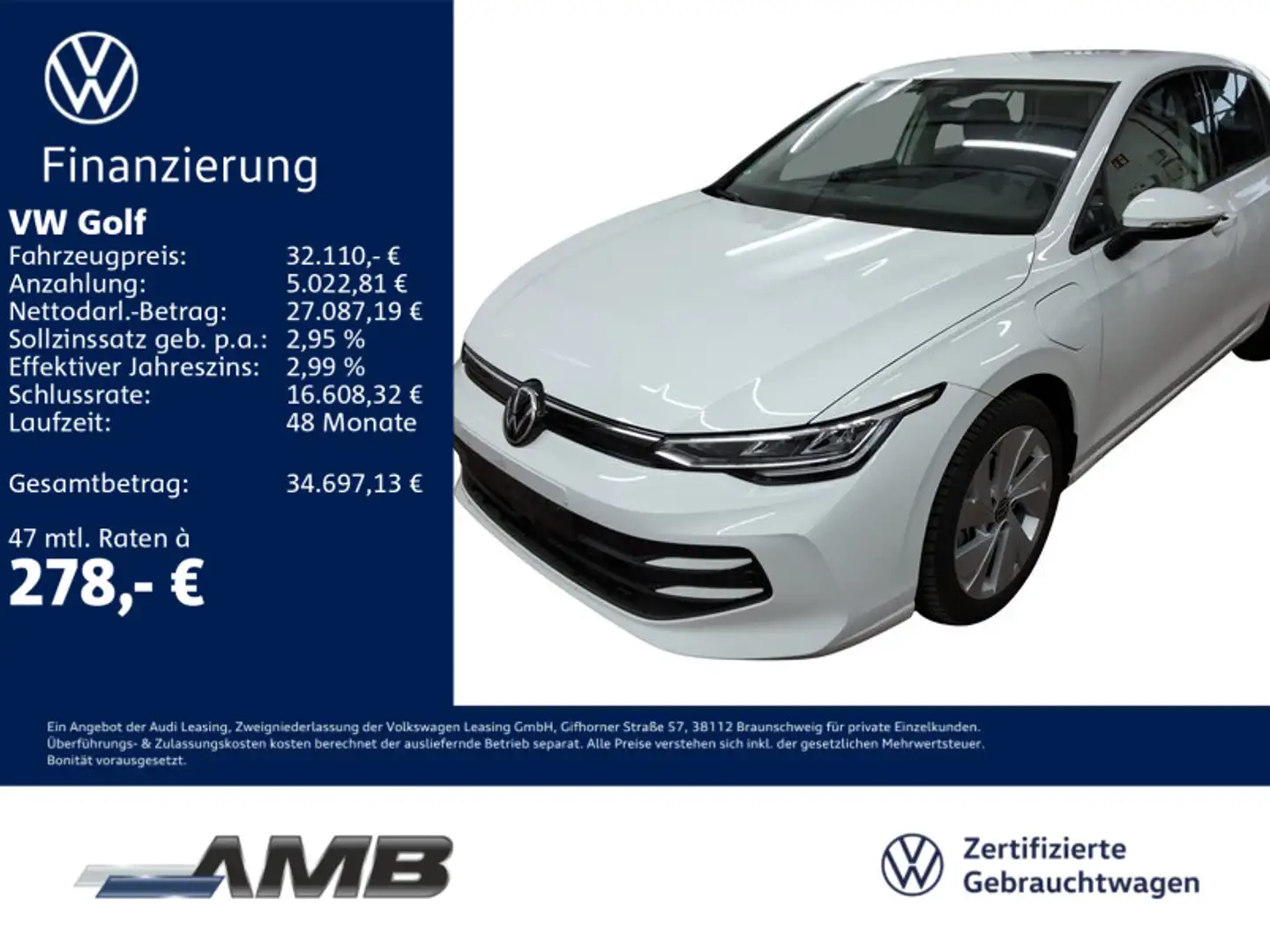 Volkswagen Golf Life 1.5 eHybrid LED/ACC/Sitzhz/bis05.30Gar Weiß - 1