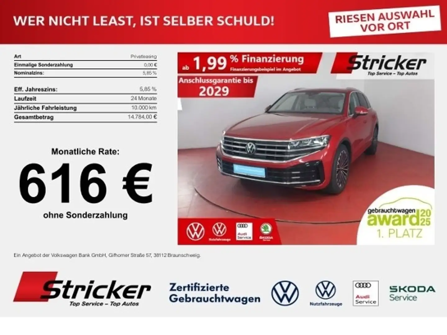 Volkswagen Touareg Elegance 3.0TDI 528,-ohne Anzahlung AHK Pano "Dyn Rot - 1