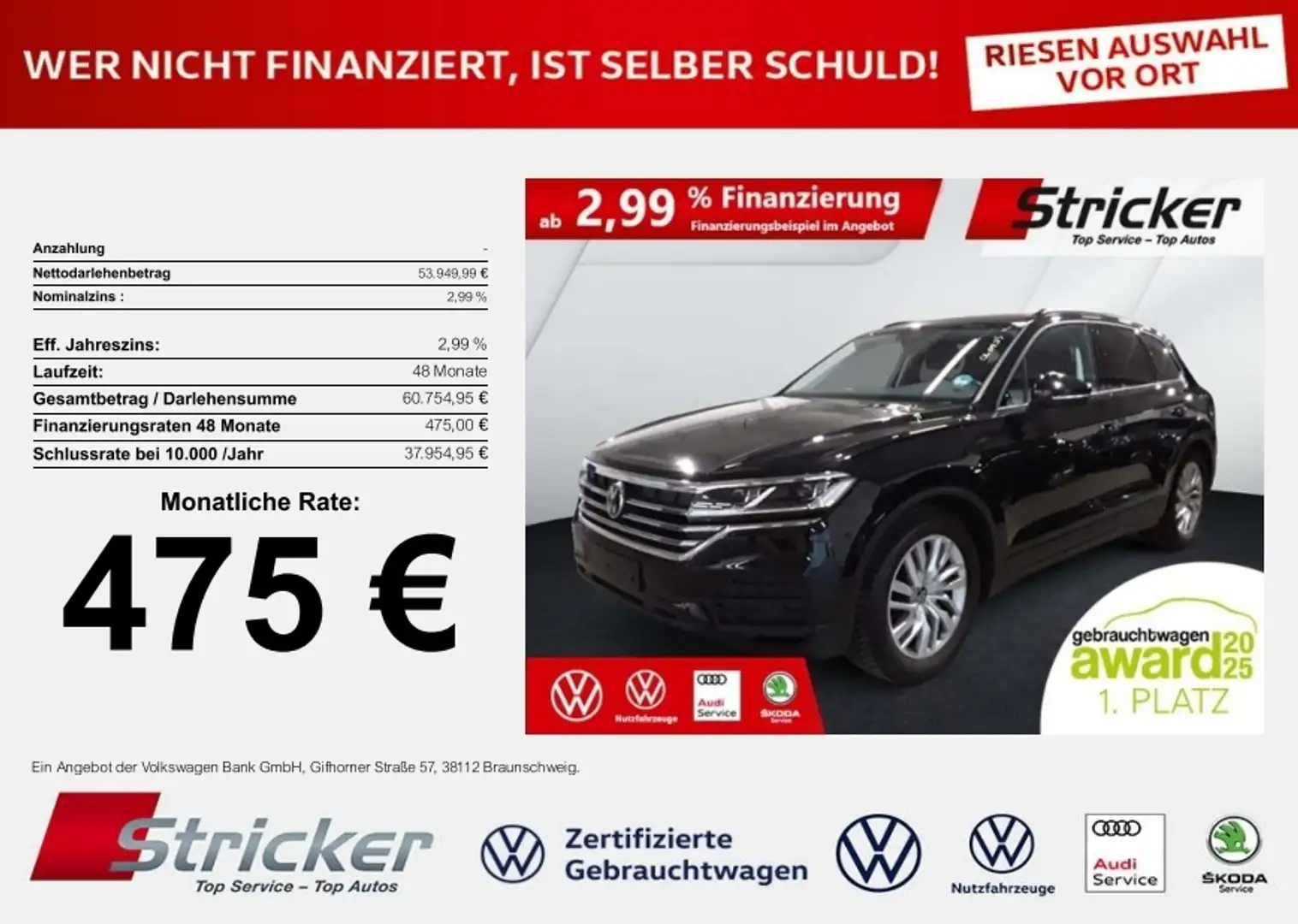 Volkswagen Touareg 3.0TDI 475,-ohne Anzahlung Navi AHK Luft Schwarz - 1