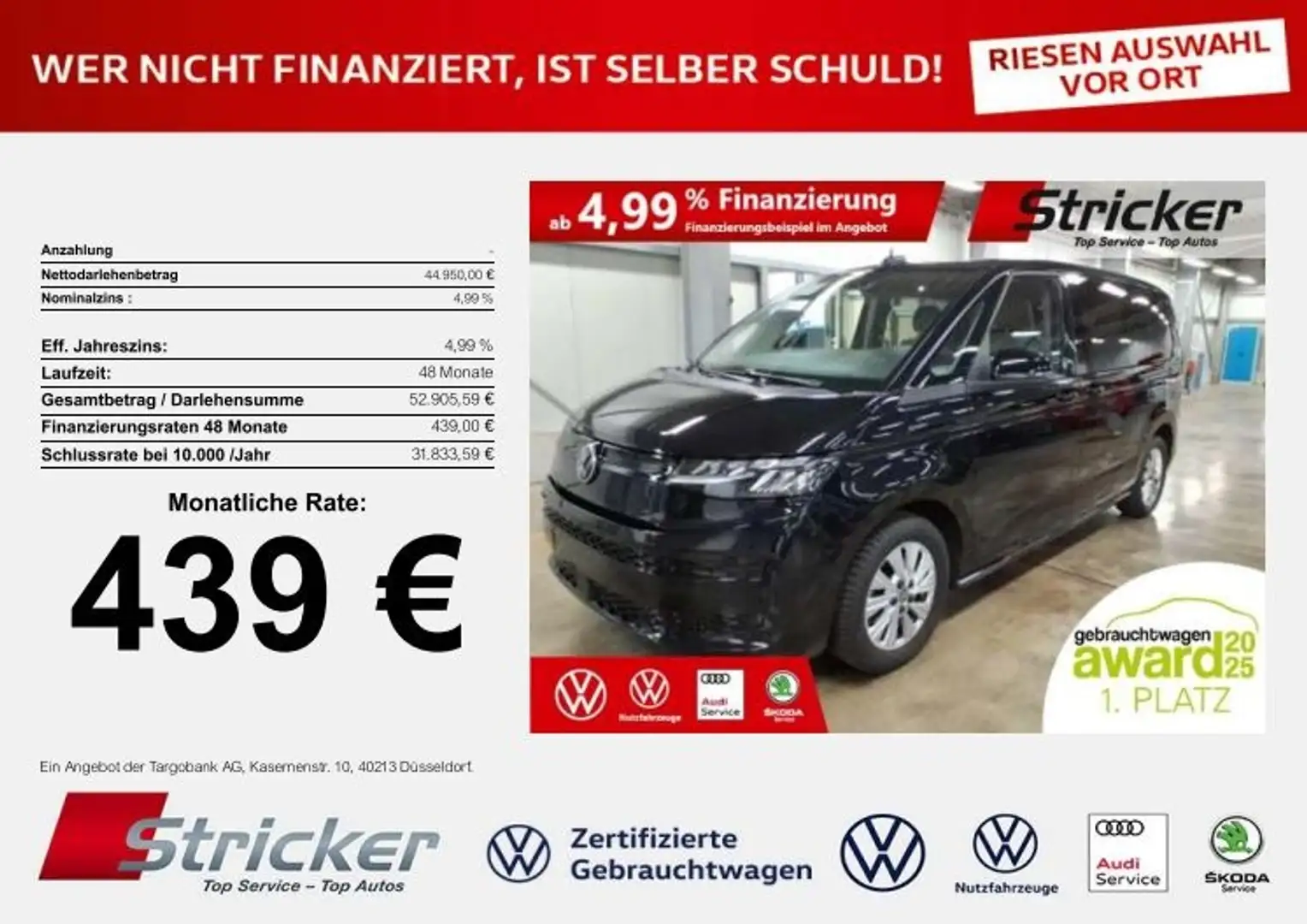 Volkswagen T7 Multivan 2.0TDI DSG 439,-ohne Anzahlung Navi AHK Vis-aVis Schwarz - 2
