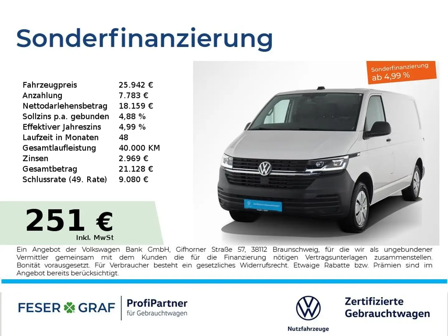 Volkswagen T6.1 Transporter 6.1 Kasten 2.0 TDI AHK LED Klimaanlage Weiß - 1