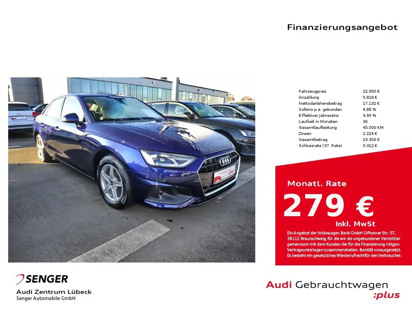 Audi A4 35 TFSI Navi PDC Sitzheizung Leder Rückfahrk. Blau - 1