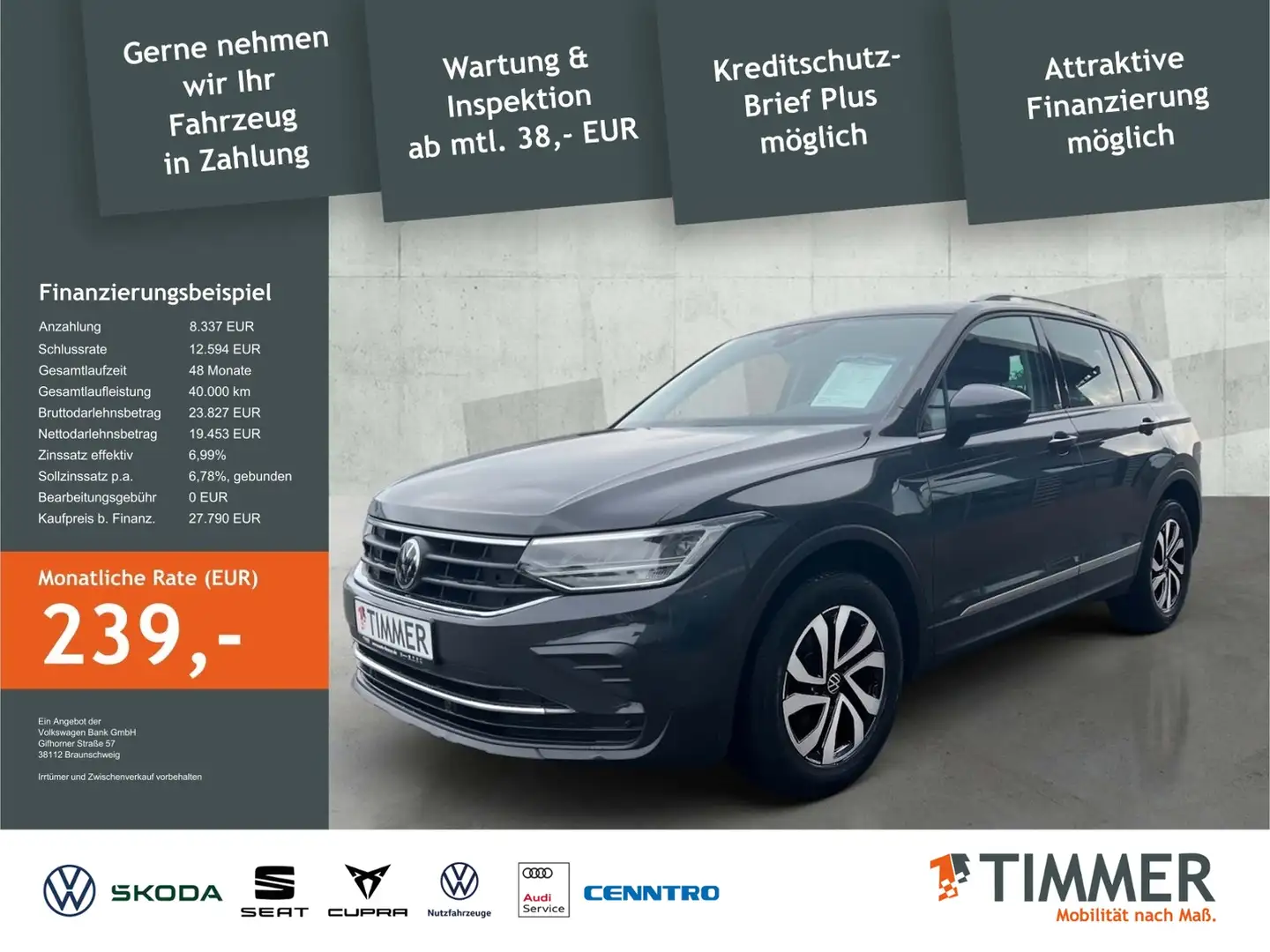 Volkswagen Tiguan 2.0 TDI DSG ACTIVE *LED *AHK *ACC *APP-CONN *ALU Grau - 1