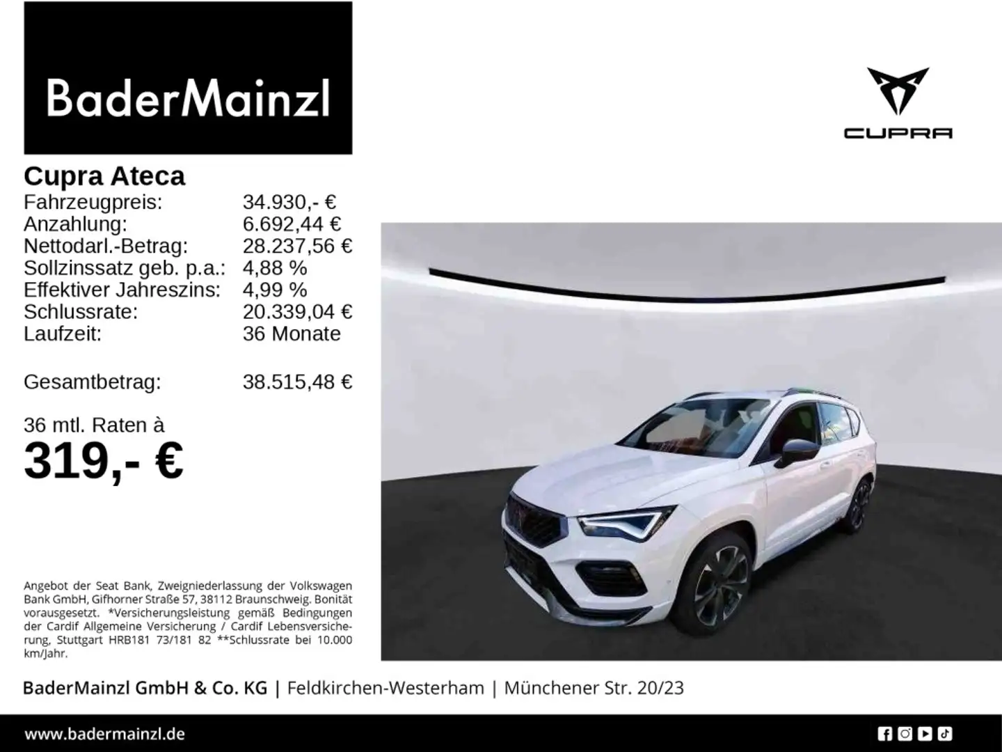 CUPRA Ateca VZ 2.0 TSI 4D DSG AHK Kamera SHZ e.Heckkl. Weiß - 1