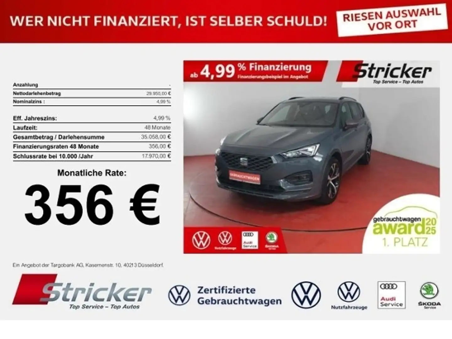 SEAT Tarraco FR 1.4TSI e-hybrid 356,-ohne Anzahlung Navi AHK Grijs - 1