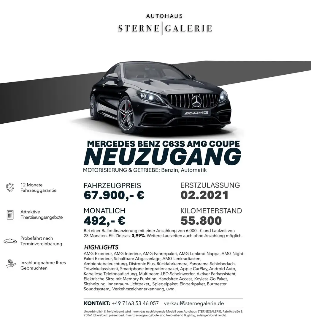 Mercedes-Benz C 63 AMG S/NIGHT/DISTRO+/PANO/RÜCKFAHRK/MULTI Noir - 1