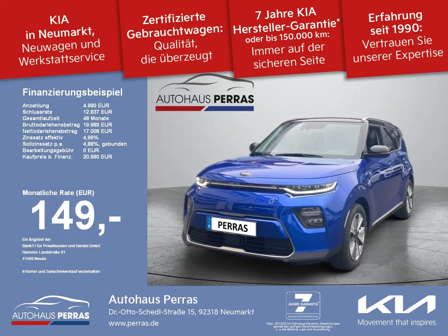 Kia Soul EV 64kWh Vision 3Ph 100% SOH Batterie ACC Navi FLA Bleu - 1