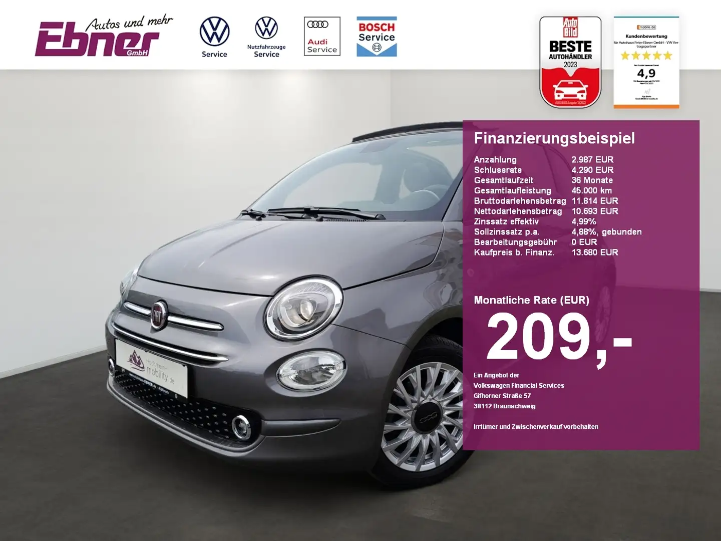 Fiat 500C LOUNGE HYBRID FALTDACH+GRA+PDC+NAVI-APP+ALU! Grau - 1
