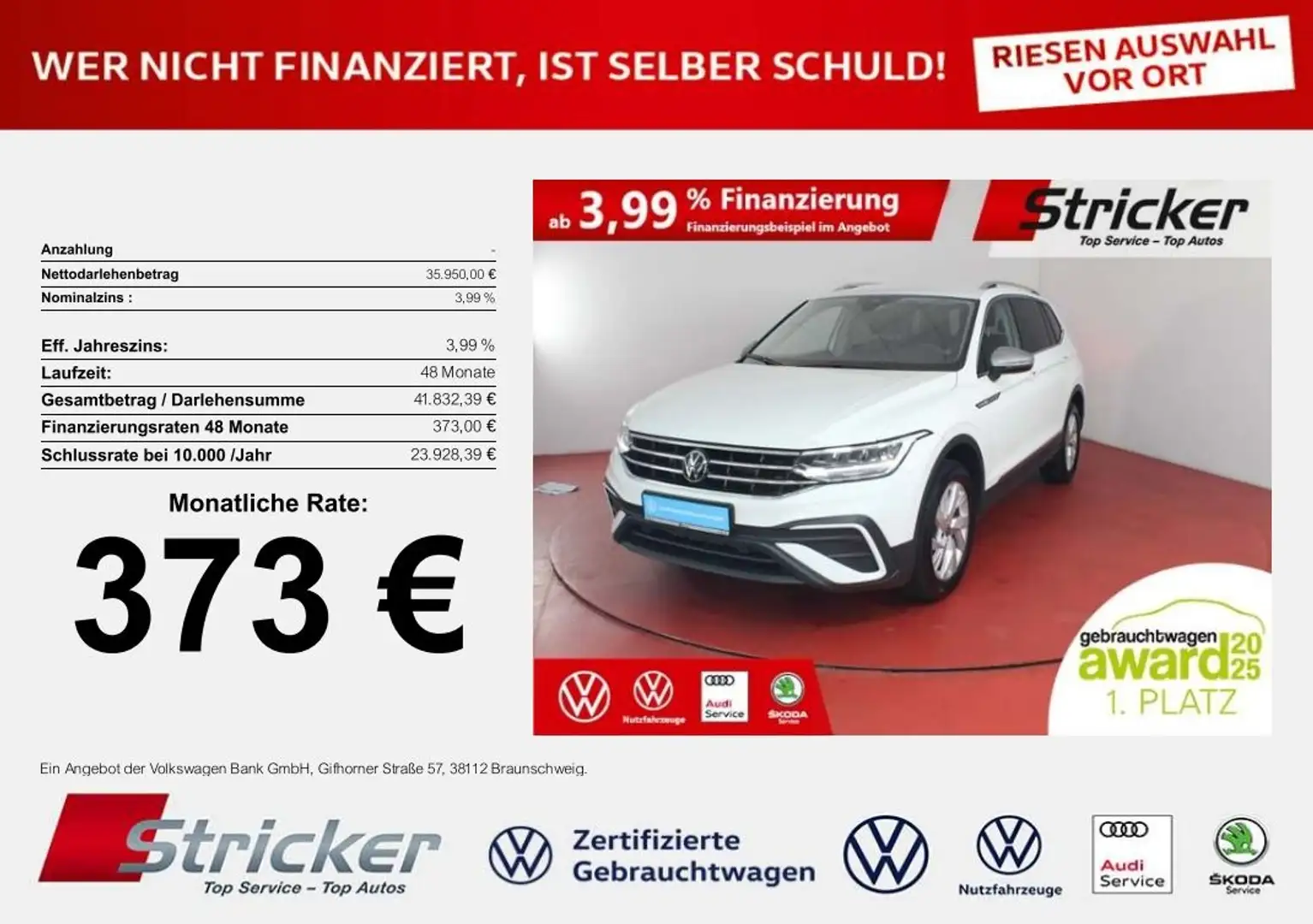 Volkswagen Tiguan Allspace Life 2.0TDI DSG 373,-ohne Anzahlung AHK 7-Sitzer Weiß - 1
