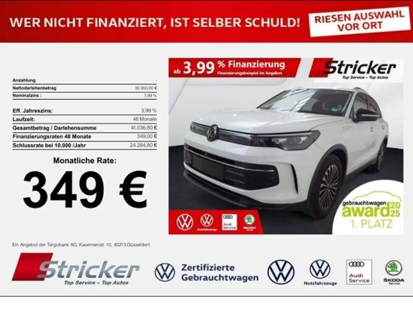 Volkswagen Tiguan Goal 2.0TDI DSG 349,-ohne Anzahlung Navi AHK Kame Weiß - 1
