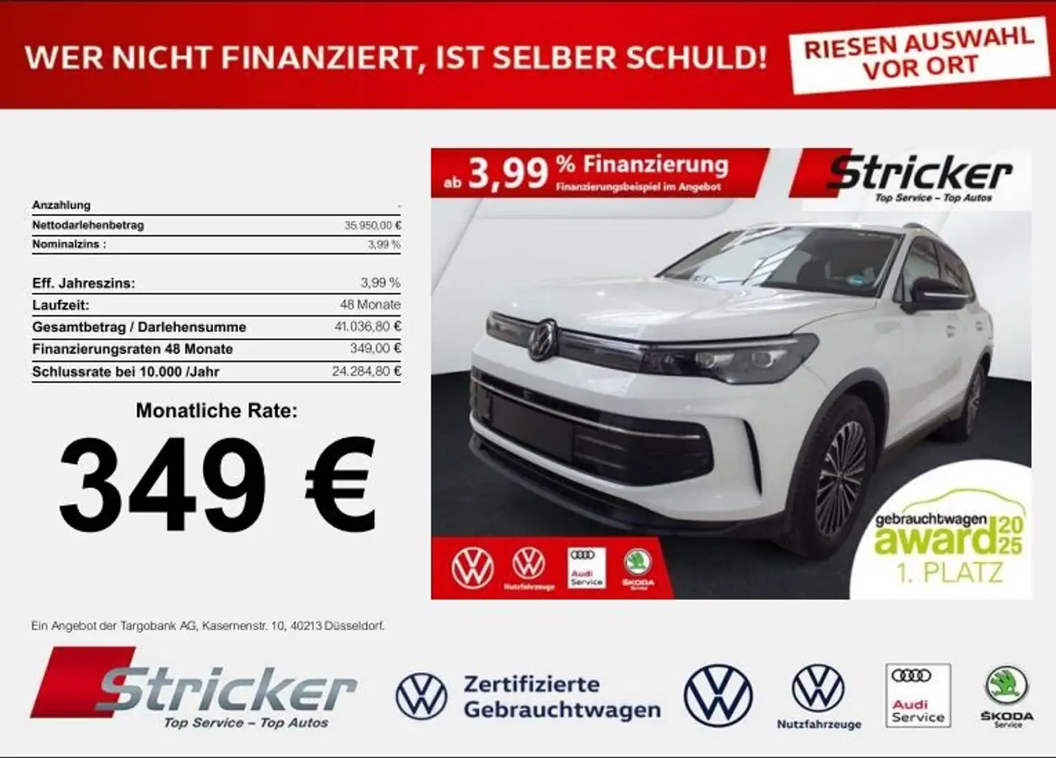Volkswagen Tiguan Goal 2.0TDI DSG 349,-ohne Anzahlung Navi AHK Kame Weiß - 2