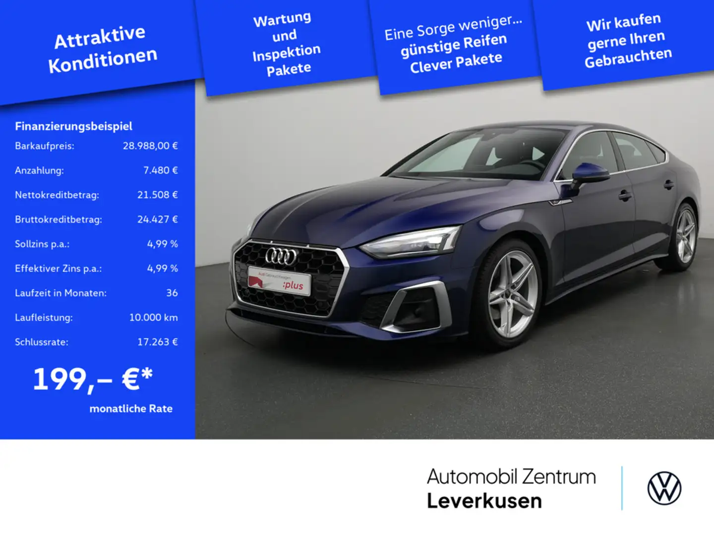 Audi A5 Sportback S line S-TRON LEDER AHK NAVI ACC Blau - 1