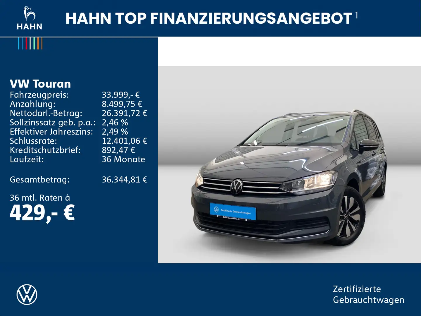 Volkswagen Touran 1.5TSI DSG Goal 7-Sitze Cam Navi-Vorb PDC Grau - 2