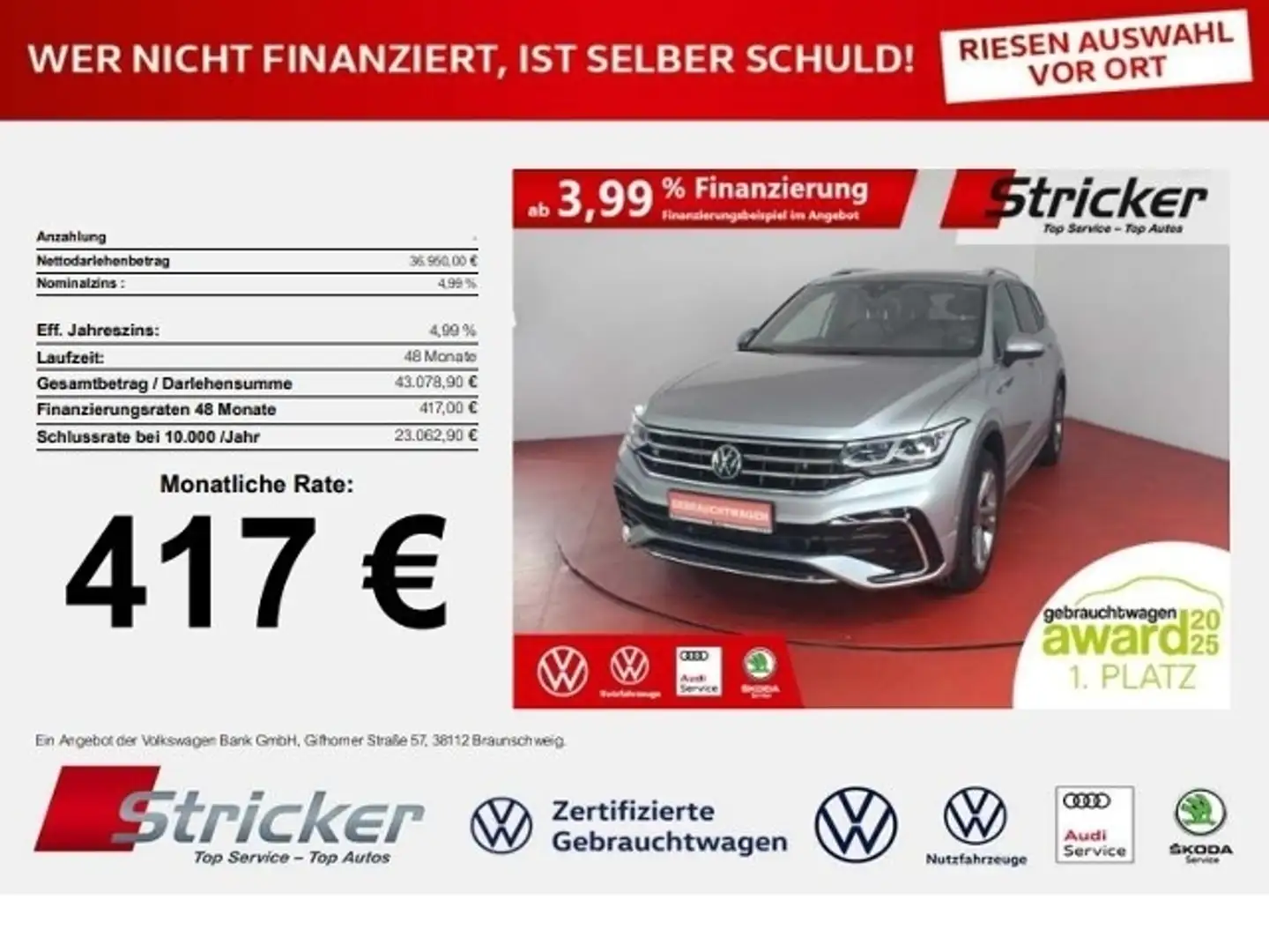 Volkswagen Tiguan Allspace R-Line 2.0TDI DSG 4M 417,-ohne Anzahlung AHK Pano Silber - 1