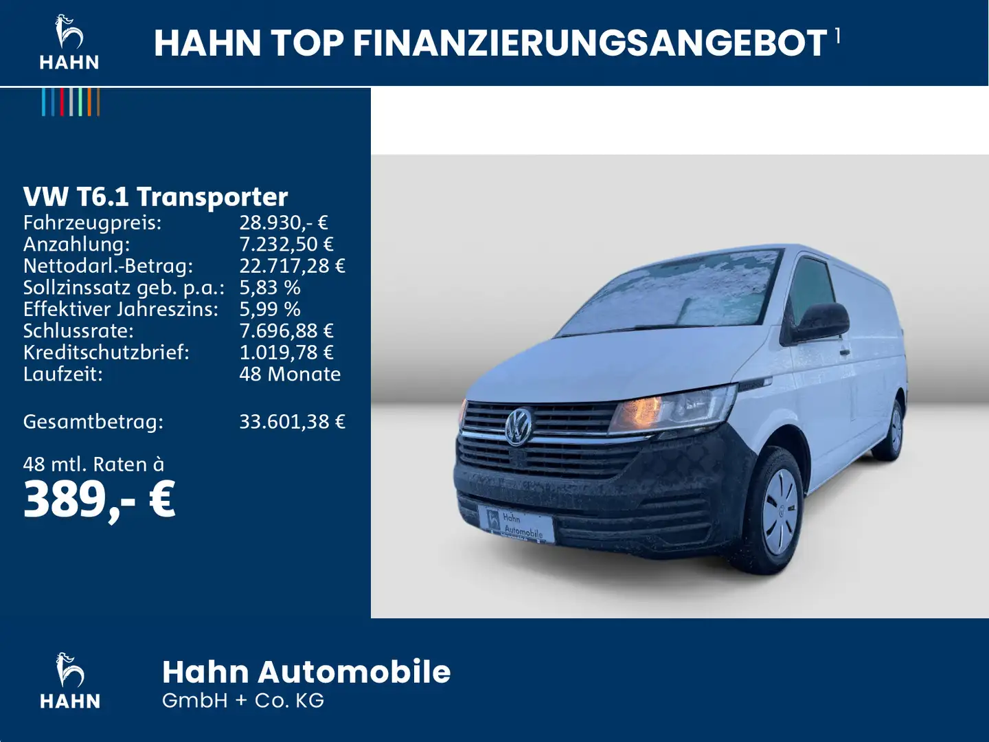 Volkswagen T6.1 Transporter T6.1 Kasten L1H1 2.0 TDI Klima PDC Heckflügeltür Weiß - 2