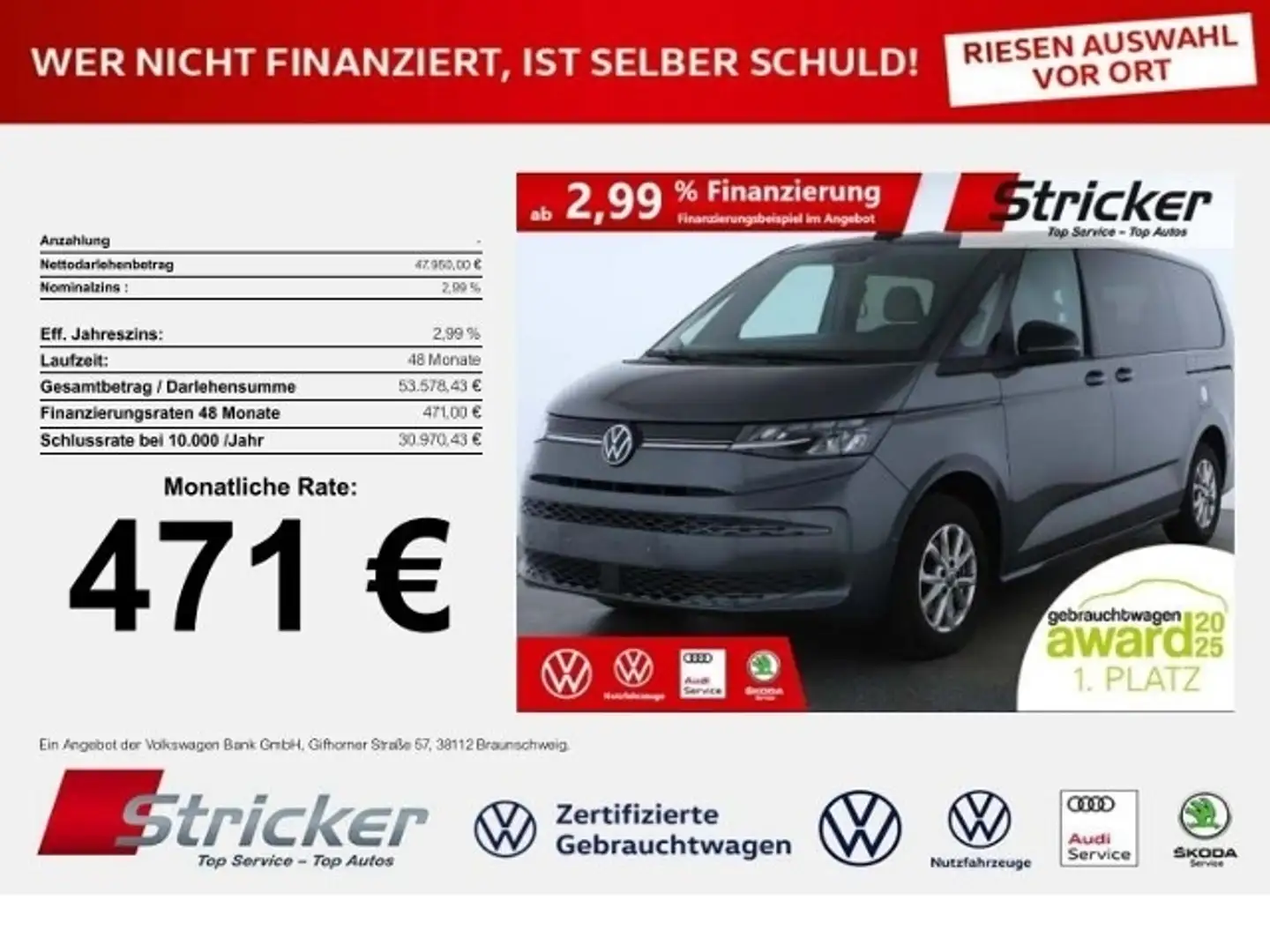Volkswagen T7 Multivan Lang 2.0TDI DSG 471,-ohne Anzahlung Navi AHK vis- Grau - 1