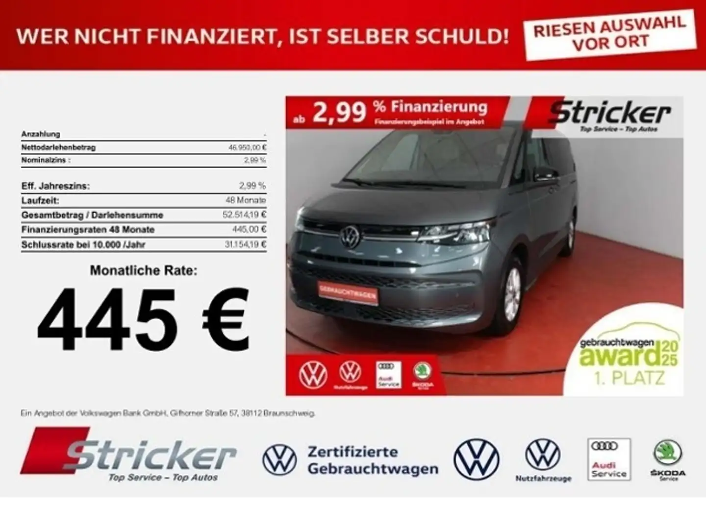 Volkswagen T7 Multivan Lang 2.0TDI DSG 445,-ohne Anzahlung Navi AHK vis- Grau - 1