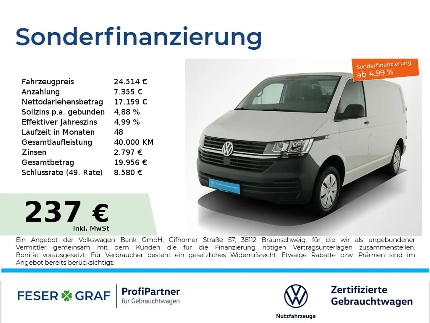 Volkswagen T6.1 Transporter 6.1 Kasten 2.0 TDI Klimaanlage PDC Heckflügeltüren Weiß - 1