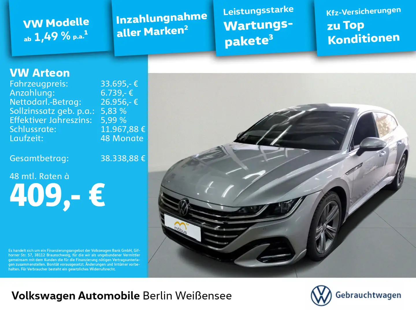 Volkswagen Arteon SB 2.0 TDI*R-Line*AHK*ACC*DSG*LANE*NAV* Silber - 1