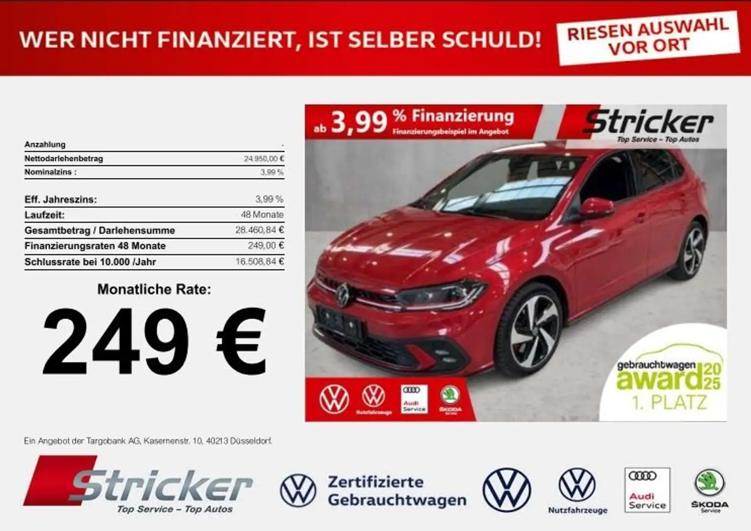 Volkswagen Polo GTI 2.0TSI DSG 249,-ohne Anzahlung ACC App-Connec Rot - 2