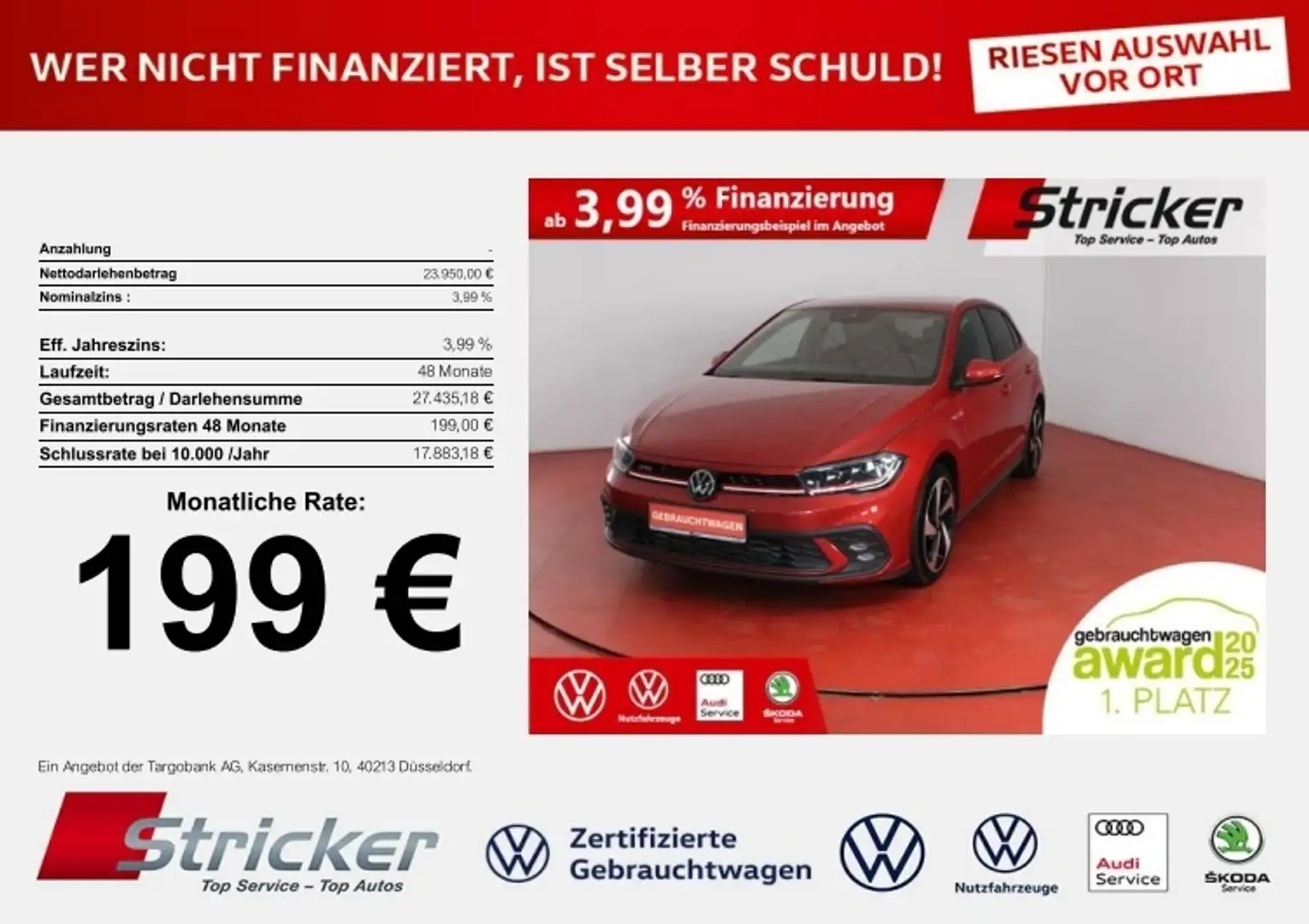 Volkswagen Polo GTI 2.0TSI DSG 199,-ohne Anzahlung ACC App-Connec Rot - 1
