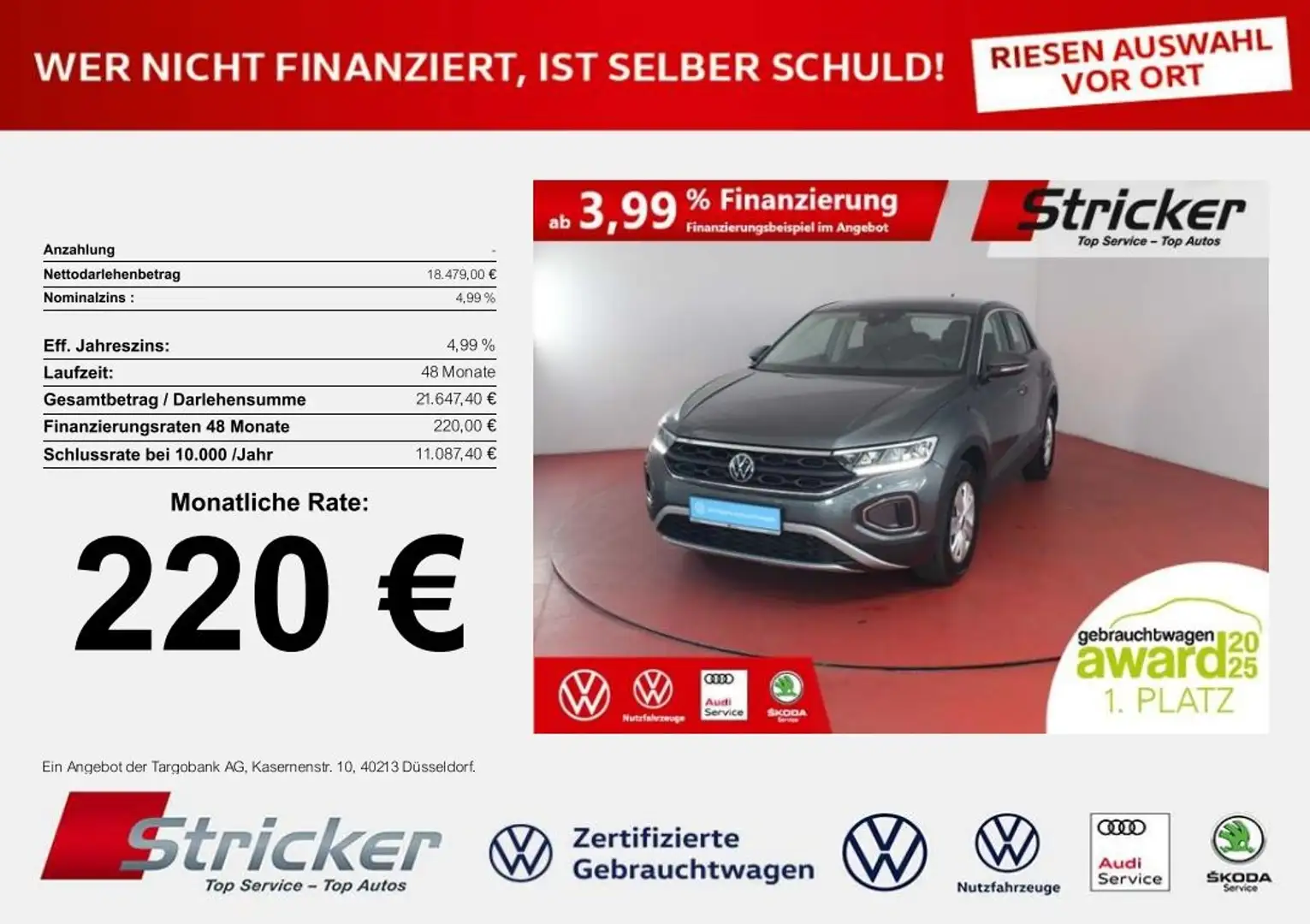 Volkswagen T-Roc 1.0TSI 220,-ohne Anzahlung ACC App-Connect Grau - 1