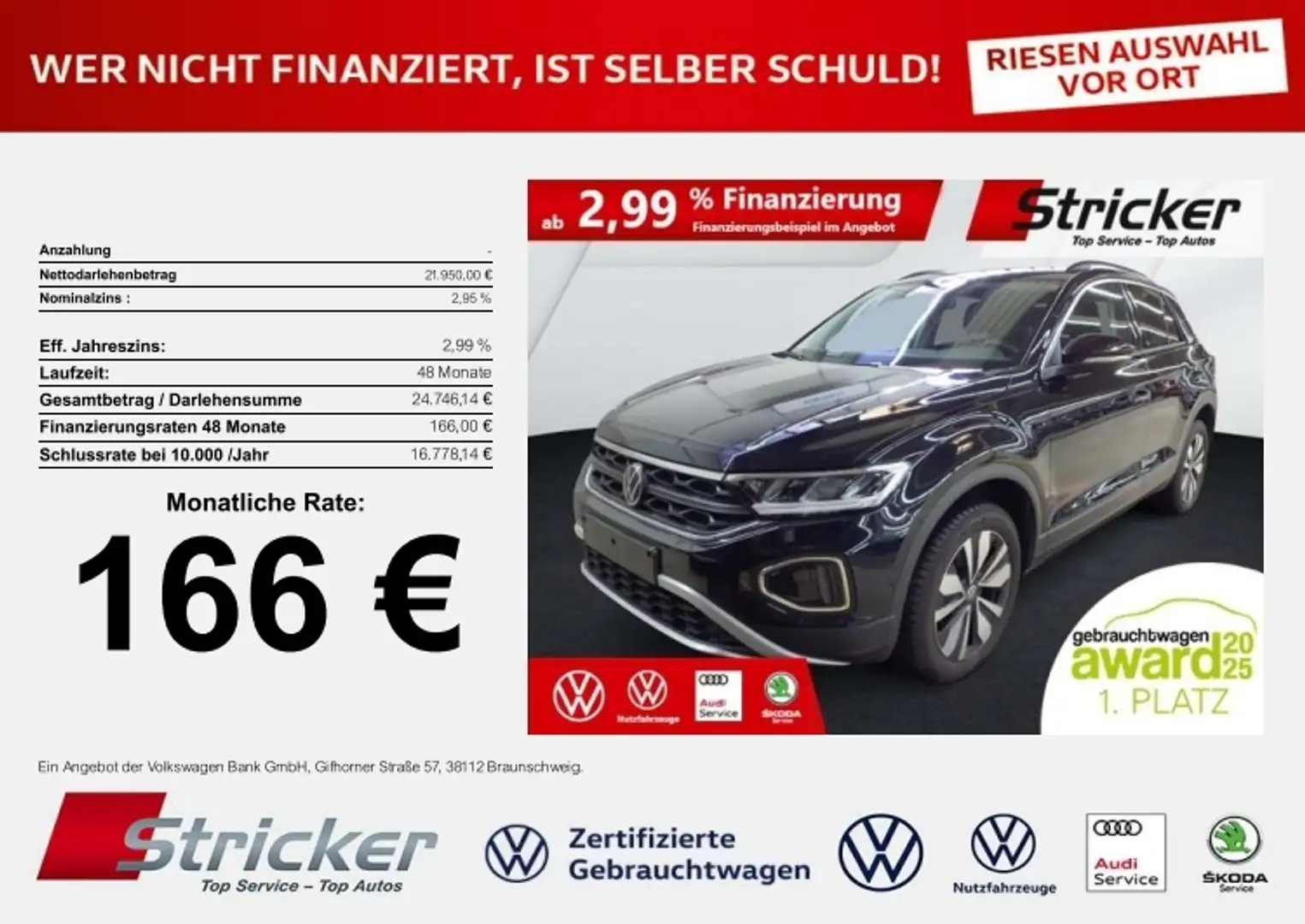 Volkswagen T-Roc Goal 1.0 TSI 166,-ohne Anzahlung Navi Travel Sitz Schwarz - 2