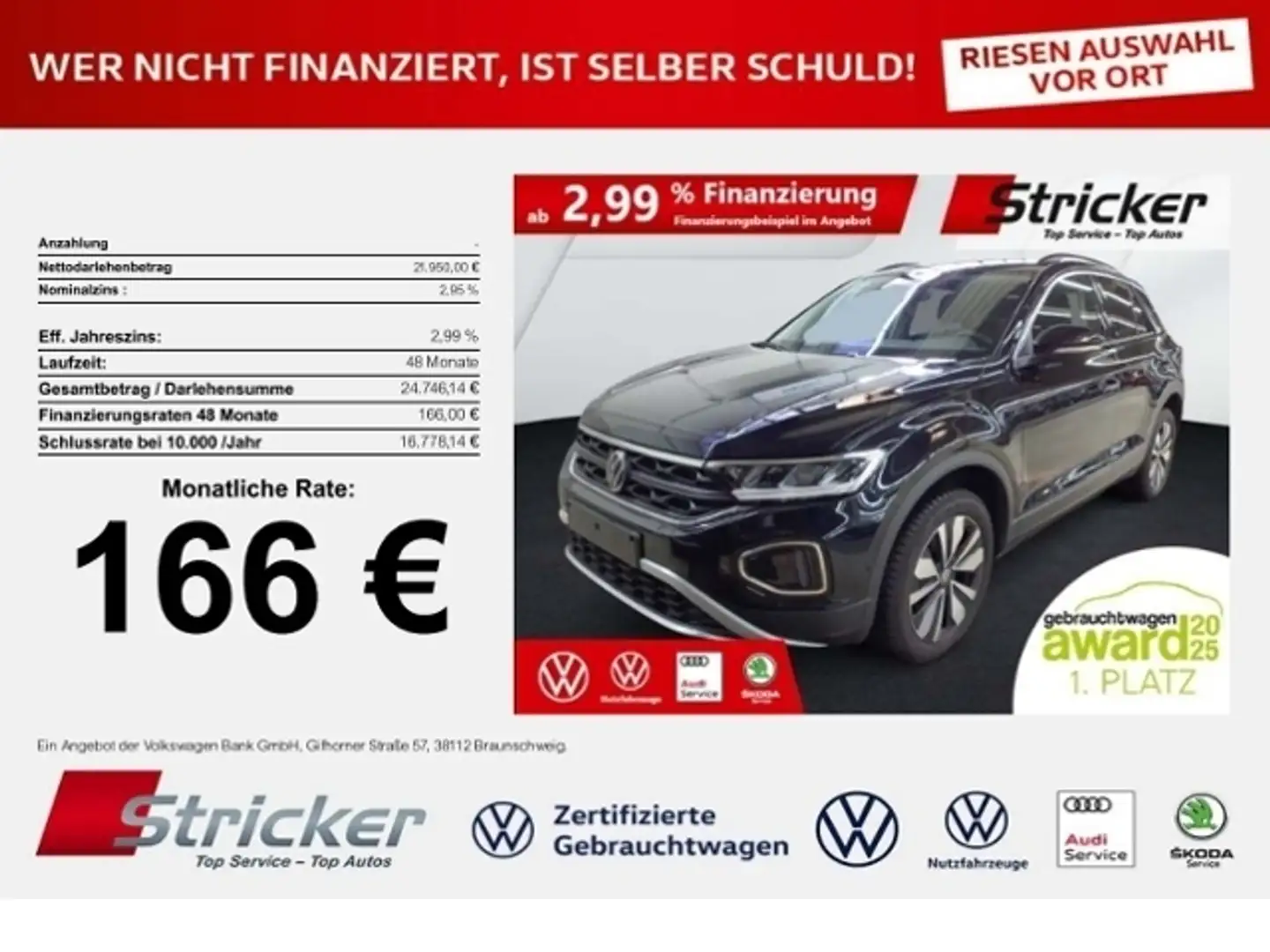 Volkswagen T-Roc Goal 1.0 TSI 166,-ohne Anzahlung Navi Travel Sitz Schwarz - 1