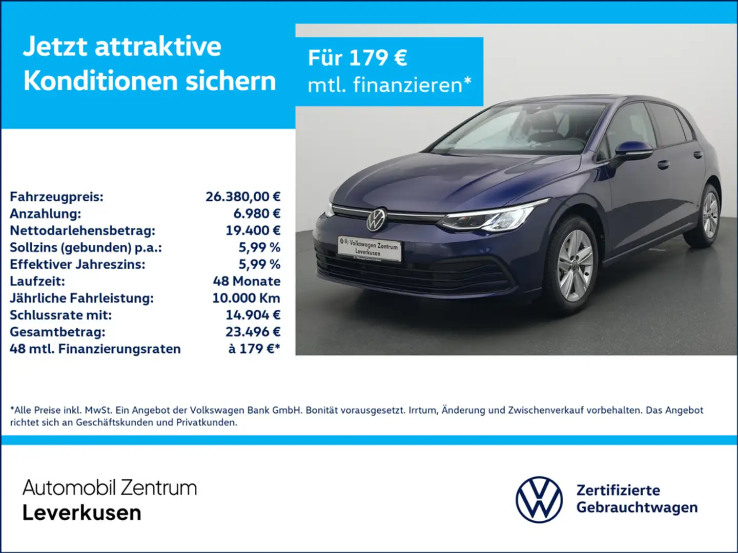 Volkswagen Golf VIII Life DSG AHK NAVI VIRT KAM ACC LED Blau - 1