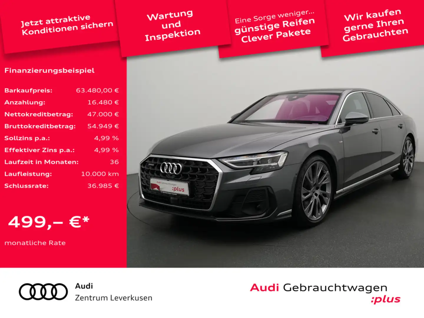 Audi A8 S line PANO AHK RAUTE LUFT ACC LEDER MASSA Gris - 1