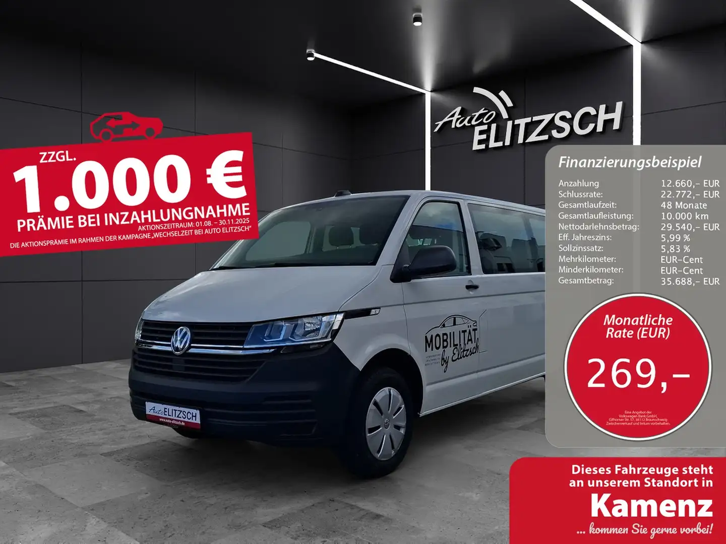 Volkswagen T6 Kombi T6.1 TDI 9 Sitzer LR Klima, PDC, AHK Vorb. Weiß - 1