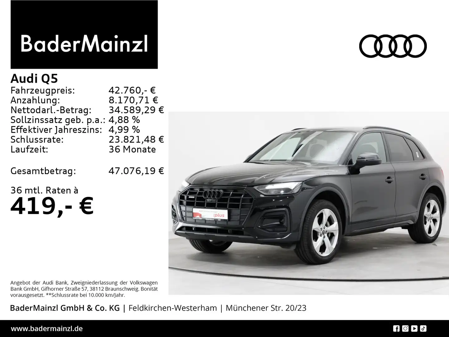 Audi Q5 50 TDI quattro Navi ACC LED Virtual Leder Kam Schwarz - 1