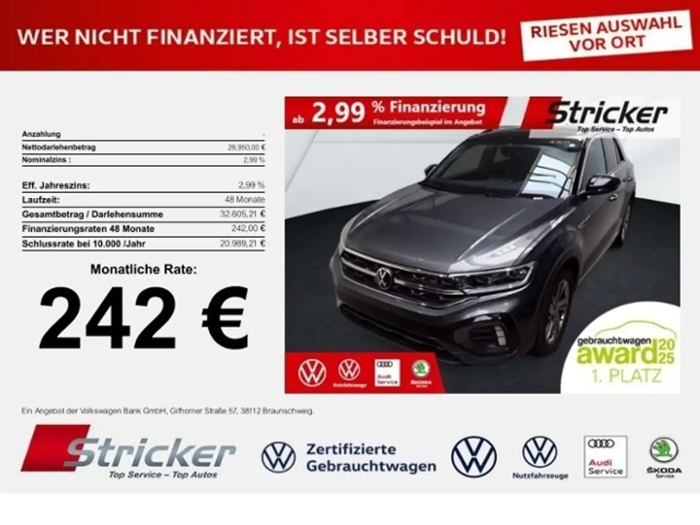 Volkswagen T-Roc R-Line 1.5 TSI DSG 242,-ohne Anzahlung Navi AHK K Grau - 1
