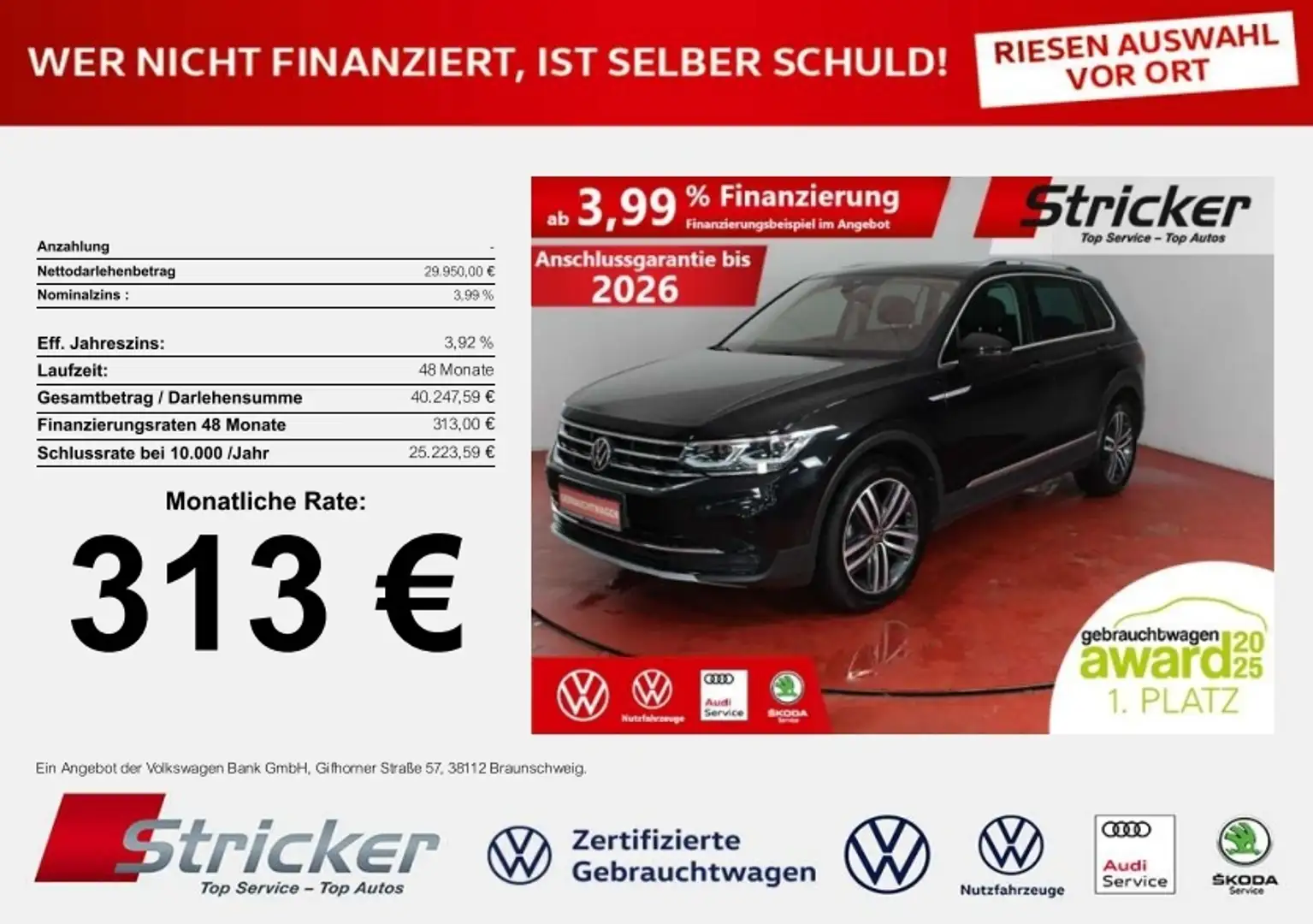 Volkswagen Tiguan Elegance 2.0TDI DSG 4M 313,-ohne Anzahlung Standh Schwarz - 1
