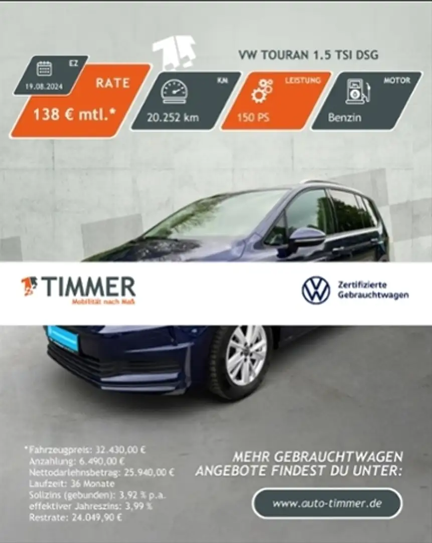 Volkswagen Touran 1.5 TSI DSG *7-SITZ *AHK *VIRTUAL *RKAM * Blau - 1