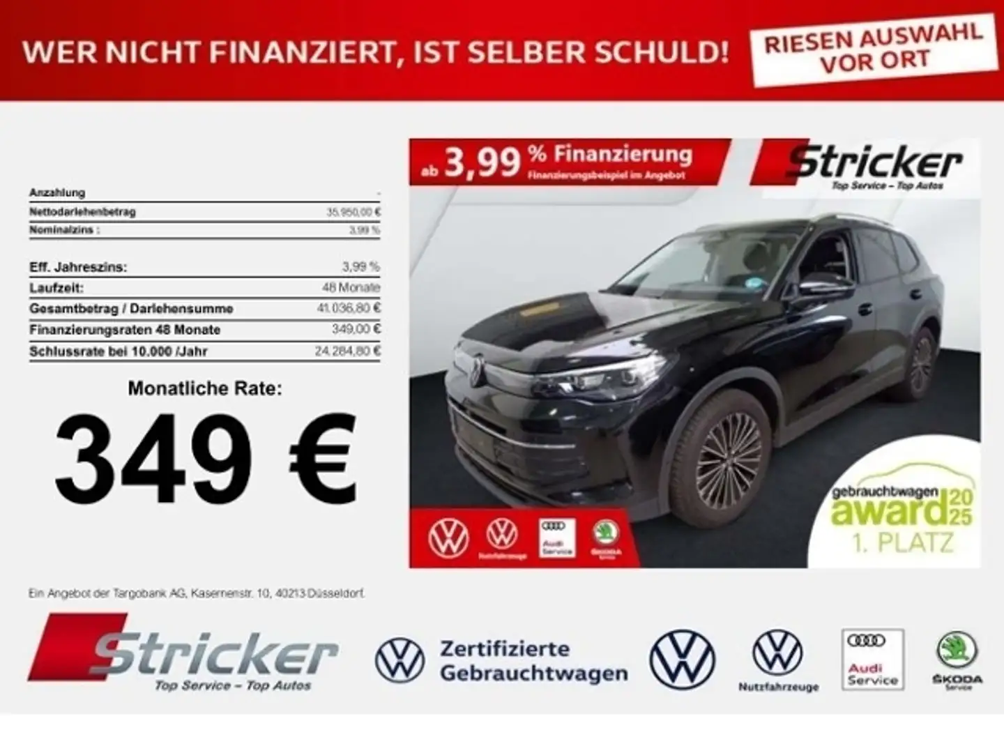 Volkswagen Tiguan Goal 2.0TDI DSG 349,-ohne Anzahlung Navi AHK Kame Schwarz - 1