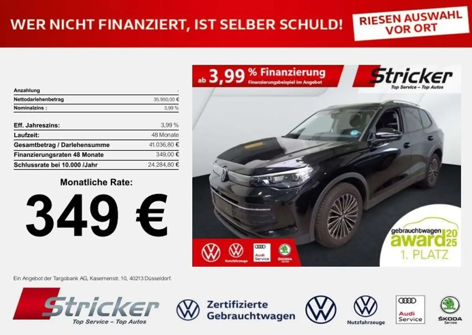 Volkswagen Tiguan Goal 2.0TDI DSG 349,-ohne Anzahlung Navi AHK Kame Schwarz - 2