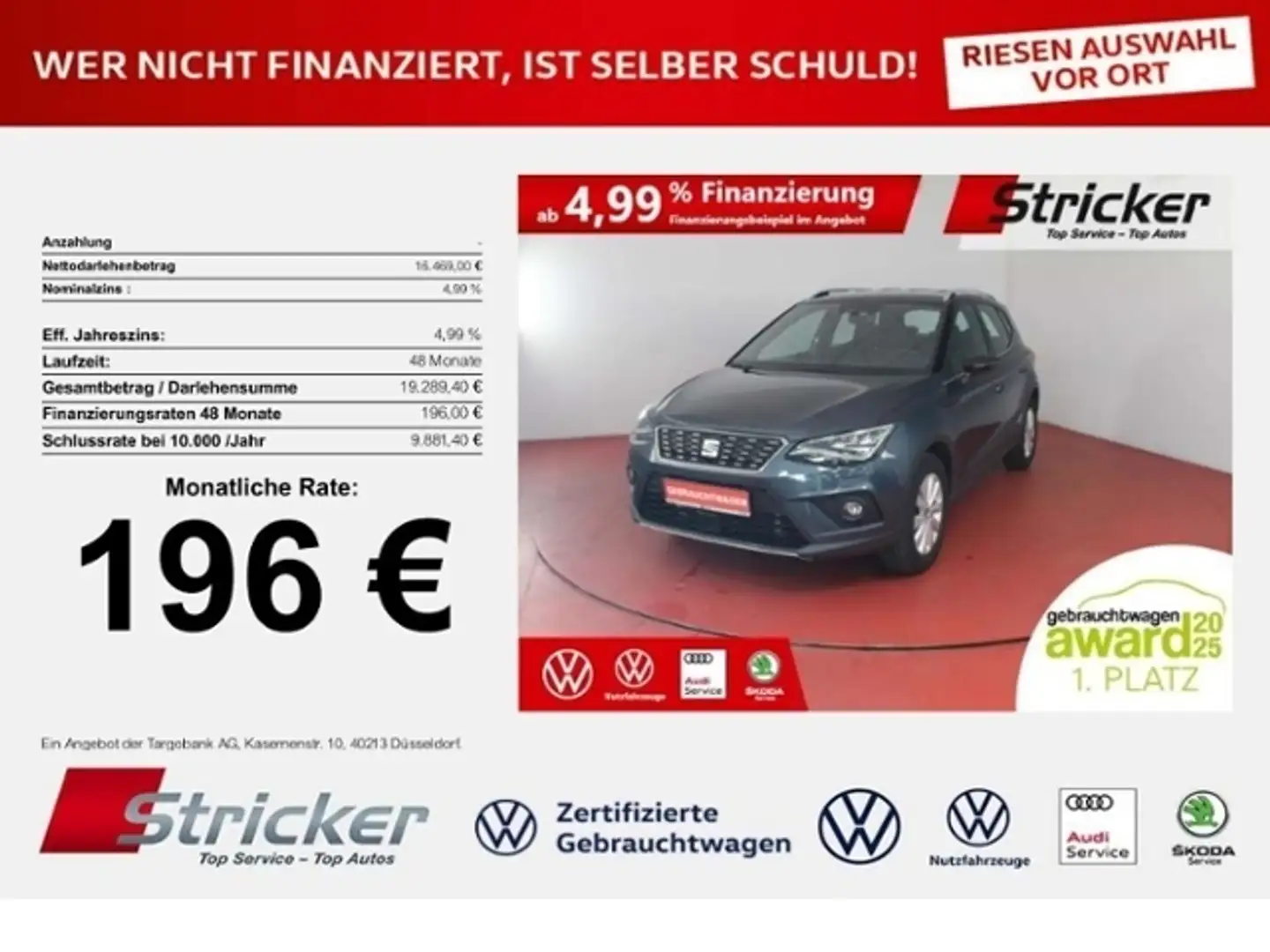 SEAT Arona XCELLENCE 1.0TSI DSG 196,-ohne Anzahlung Navi Ful Grau - 1
